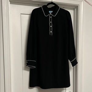 CeCe Black Dress with White Scalloped Trim and Rhinestone Buttons